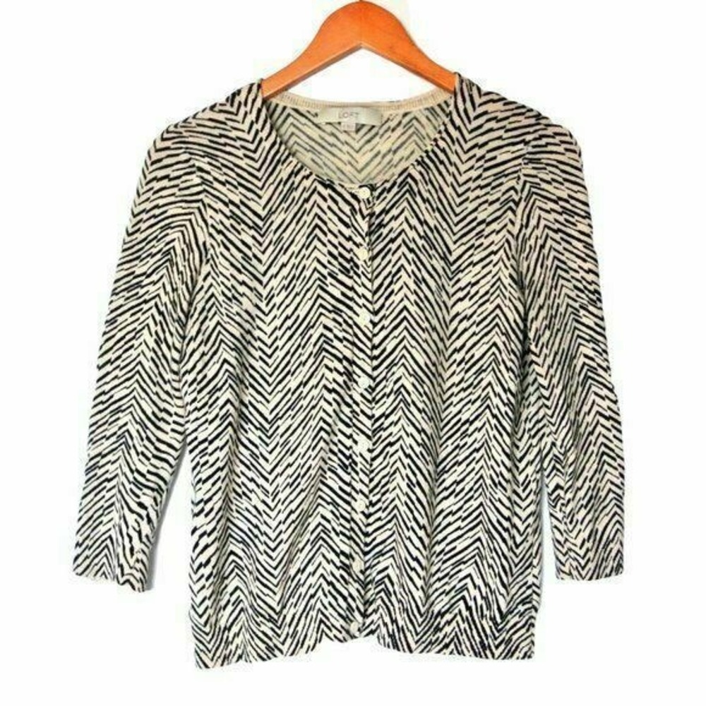 LOFT Striped Cream 3/4 Sleeved Button Cardigan M